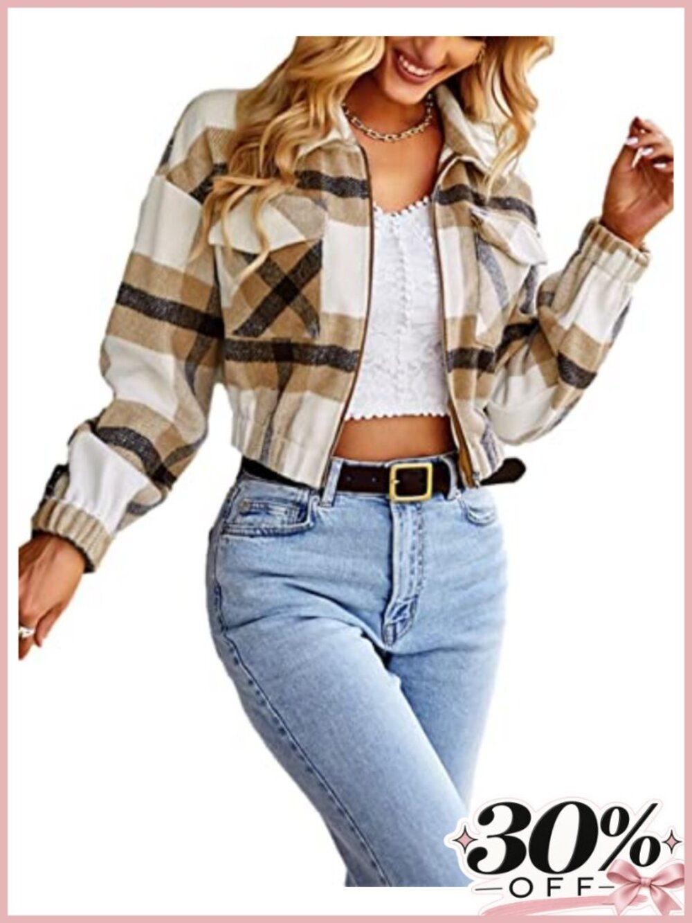Cropped Plaid Flannel Shacket Zip Up Jacket Turn Down Collar
